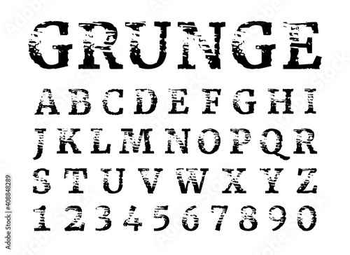 Shabby black letters and numbers Isolated on white background. Grunge font. Textured alphabet.
