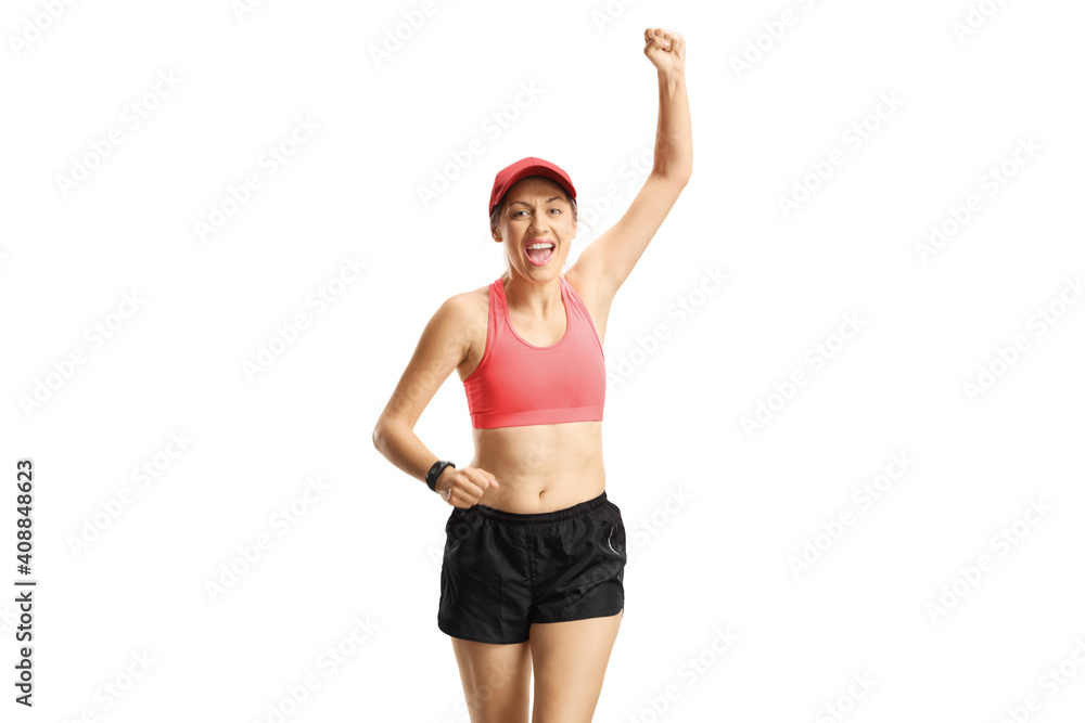 Woman running towards camera and gesturing happiness Woman running towards camera and gesturing happiness