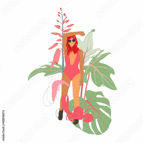 Romantic girl with flower. Stylish sun-tanned lady dressed in trendy swimsuit with tropical leaves and flowers.  Hand drawn colored illustration. T-shirt print. Summertime Poster.