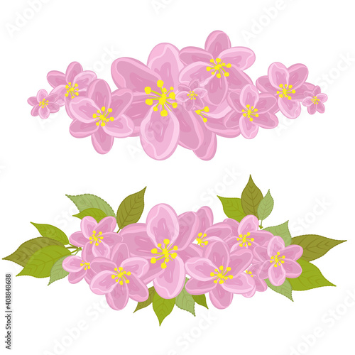 A set of two wreaths with pink flowers. With leaves and no leaves. Flowers of plum  peach  cherry blossoms