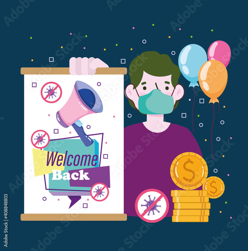 Reopening man with mask and welcome back placard business growth