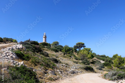 Picturesque lighthouse on the hill. Beautiful landscape on island Lastovo  Croatia.