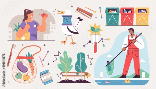 Collection of ecology illustrations. Eco friendly people set protecting the environment, sorting and collecting waste, using alternative energy and ecological transport. Vector