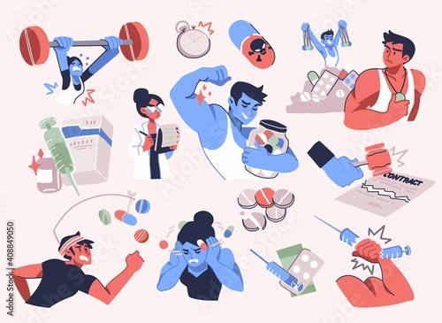 Different scenes with athletes using doping. concept of Usage doping in sport, doping tests and performance-enhancing. Vector Illustration