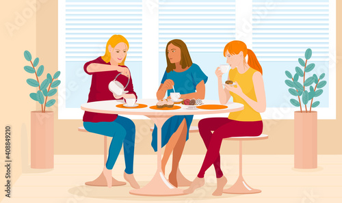 Girls drink tea. Vector composition for animation. Three girls at the table are drinking tea and cakes. Friendly, homely atmosphere. Cozy company for tea.