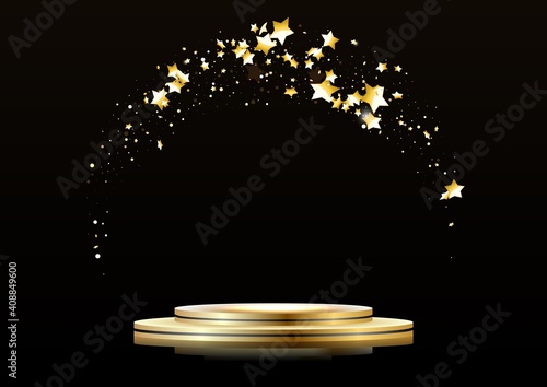 Stage podium with falling gold stars, the scene with the award ceremony on a dark background.