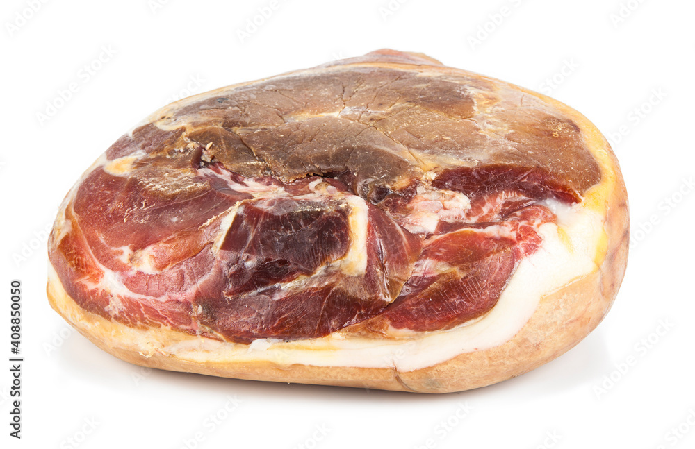 Traditional Italian Prosciutto Crudo ham isolated on a white background. See the portfolio from a different angle. Traditional Italian Prosciutto Crudo ham isolated on a white background. See the portfolio from a different angle.
