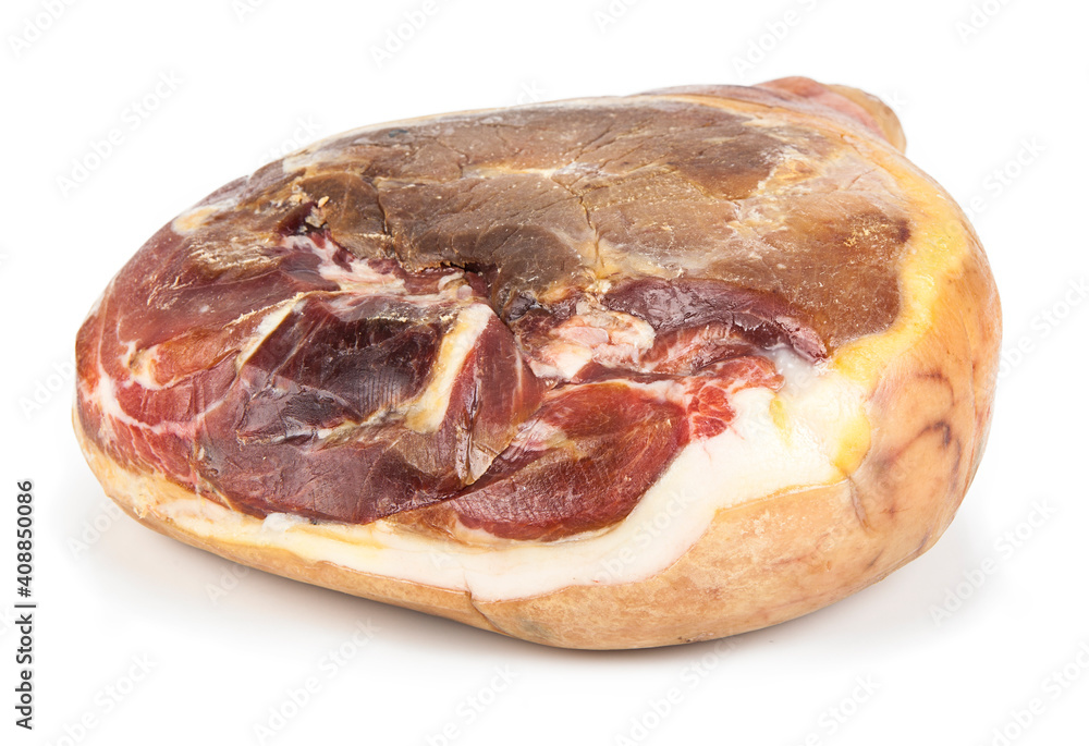 Obraz premium Traditional Italian Prosciutto Crudo ham isolated on a white background. See the portfolio from a different angle.