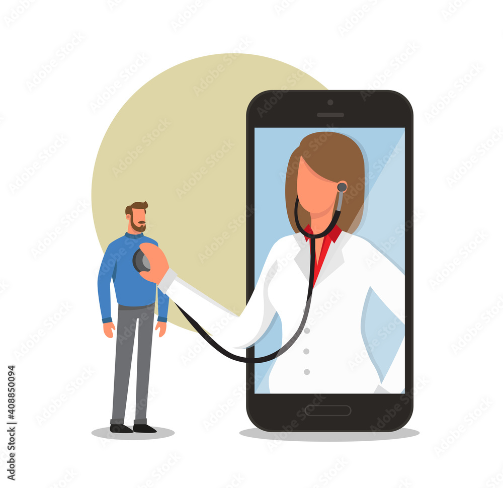 Online healthcare service professional doctor in white coat on big smartphone screen listen patient Online healthcare service professional doctor in white coat on big smartphone screen listen patient