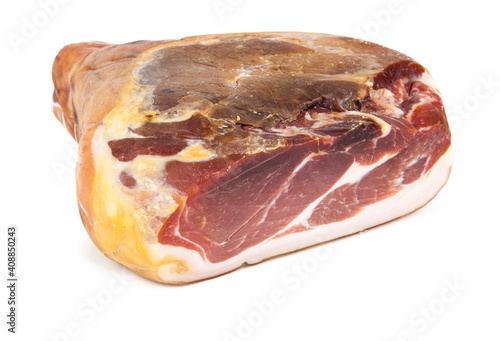 Traditional Italian Prosciutto Crudo ham isolated on a white background. See the portfolio from a different angle.