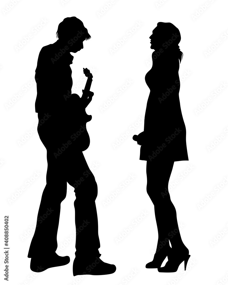 Rock band musicians on stage. Isolated silhouettes on a white background