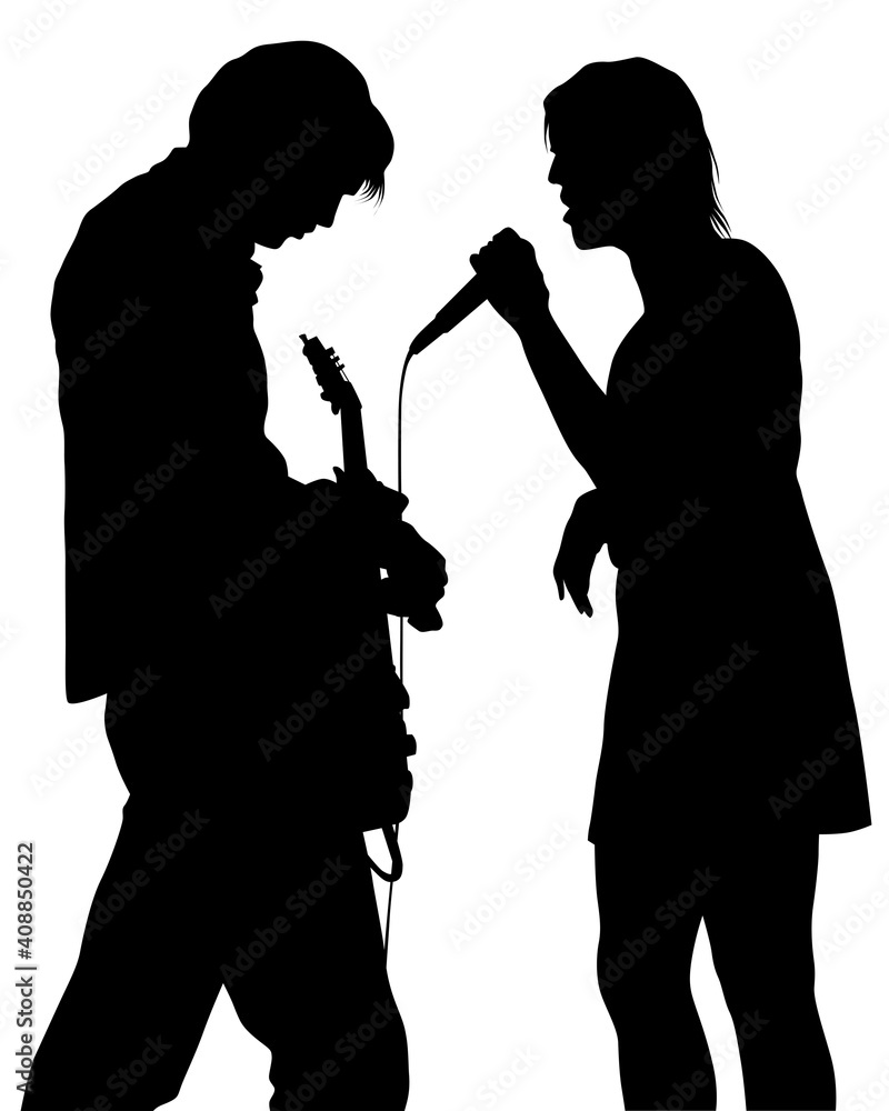 Rock band musicians on stage. Isolated silhouettes on a white background