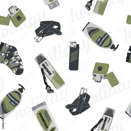 Vector pattern with men's gifts. Color, seamless illustration with shaving foam, blade, shampoo, shower gel, and socks. Image for the holiday on February 23