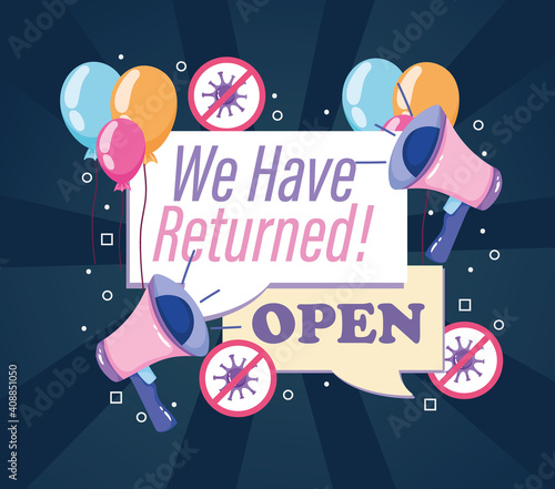 we have returned open text, speaker balloons, stop covid 19