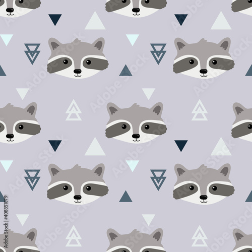 Abstract seamless  pattern with raccoons and triangles.  Perfect background for fabric, wrapping, textile, wallpaper, decoration.  Vector illustration