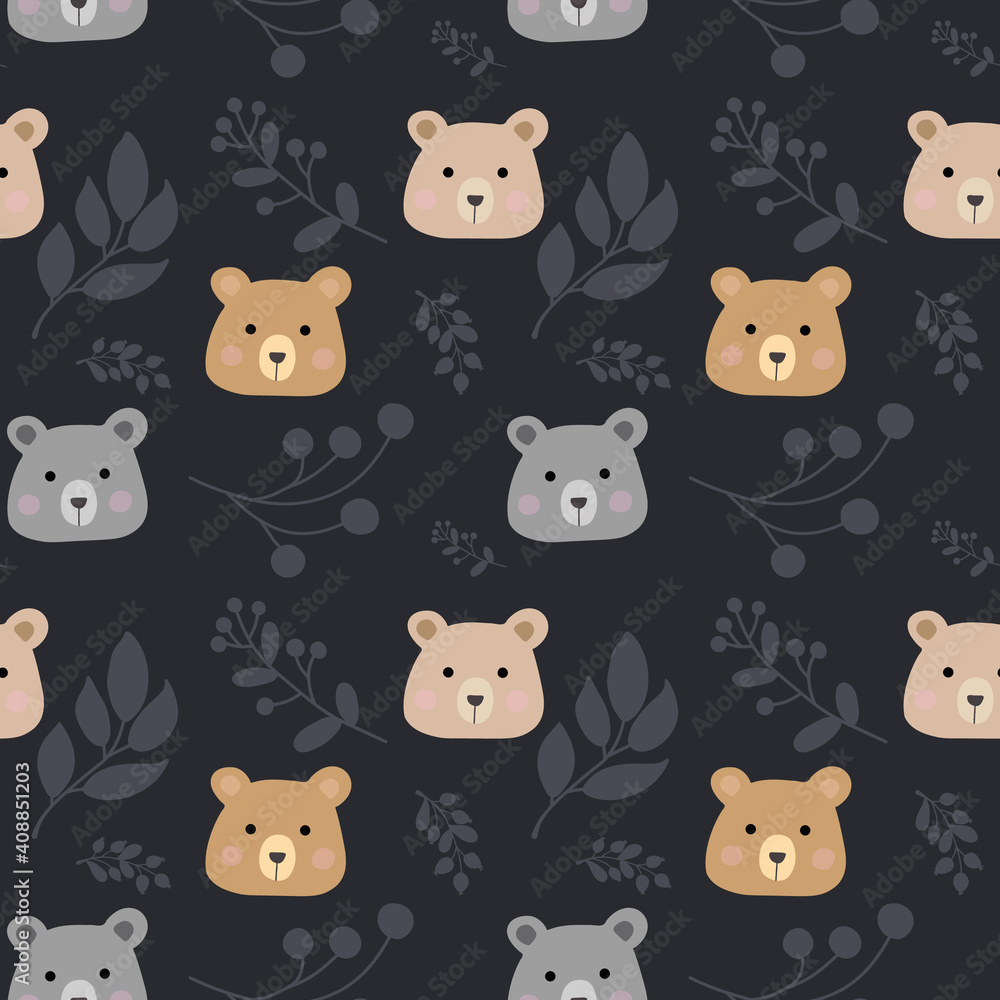 Seamless childish pattern with cute bears and plant branches. Baby texture for fabric, wrapping, textile, wallpaper, clothing. Vector illustration Seamless childish pattern with cute bears and plant branches. Baby texture for fabric, wrapping, textile, wallpaper, clothing. Vector illustration