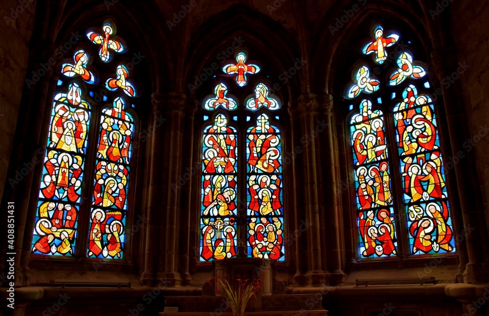 Beautiful stainglass inside the Treguier cathedral in Brittany. France