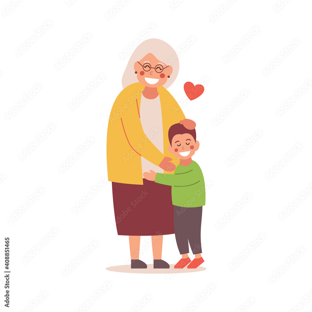 The grandson hugs his grandmother. Vector flat design illustration The grandson hugs his grandmother. Vector flat design illustration