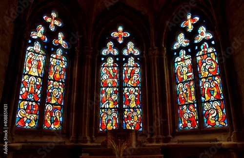 Beautiful stainglass inside the Treguier cathedral in Brittany. France photo
