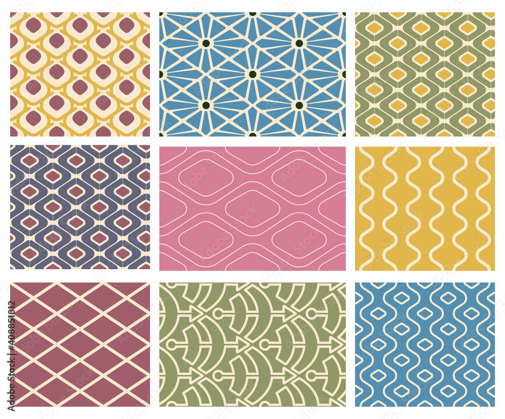 set of vector geometry seamless patterns in light colors for design fabric, wallpaper, wrapping paper and product packaging set of vector geometry seamless patterns in light colors for design fabric, wallpaper, wrapping paper and product packaging