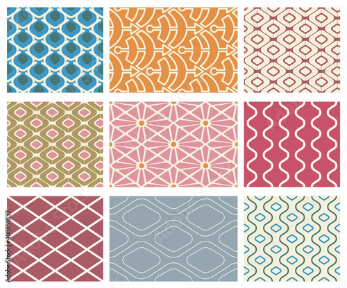 set oof vector geometry seamless patterns in light colors for design fabric, wallpaper, wrapping paper and product packaging