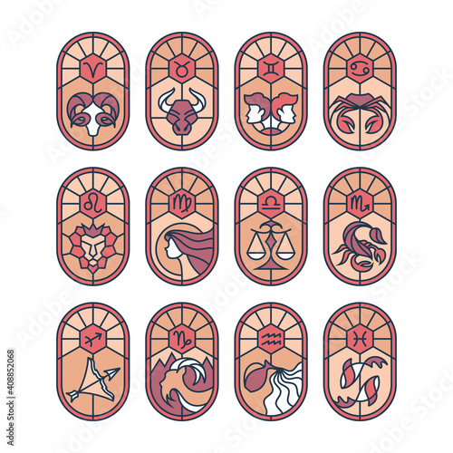 Graphical stained glass astrological symbols, color zodiacal signs' mosaic illustrations.