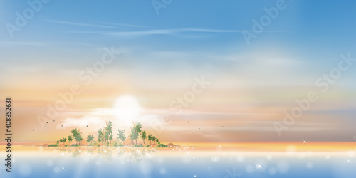 Panorama view Tropical seascape of blue ocean and coconut palm tree on island,Panoramic Sea beach with pink and blue sky,Vector illustration beautiful nature of landscape seaside in morning on summer