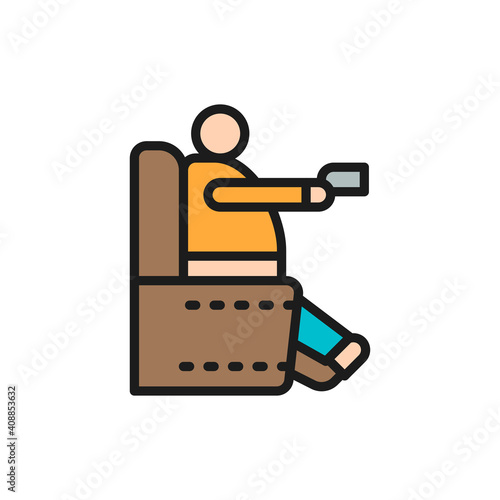 Fat man sitting in chair, obesity, sedentary lifestyle flat color line icon.