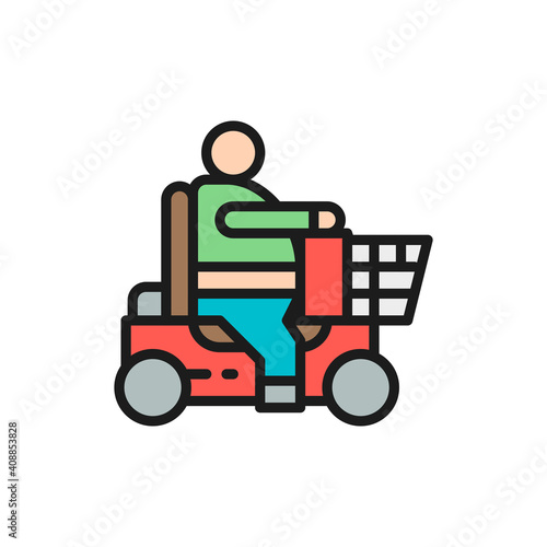 Fat man sitting in wheelchair, disabled carriage, obesity flat color line icon.