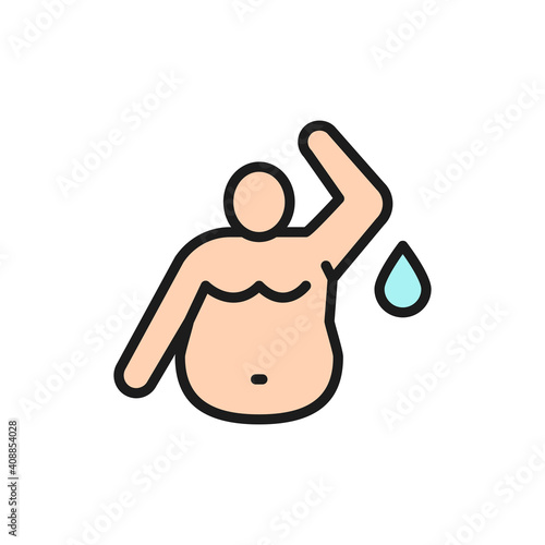Fat sweaty man, obesity man flat color line icon.