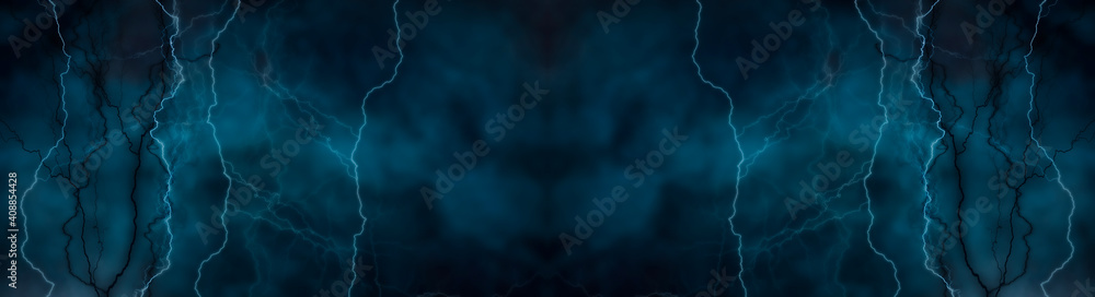 Dark abstraction with lightning and lines. Marble texture, decorative dark stone. Blue neon. 