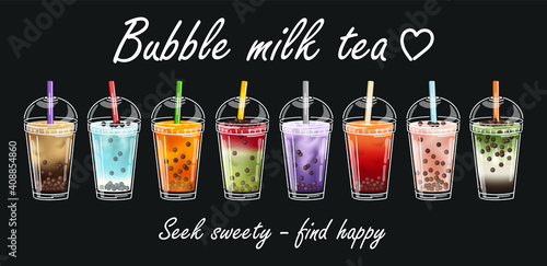 Bubble Tea milk. Cocktail collection. Yummy drinks, coffees and soft drinks with logo and doodle style advertisement banner. Bubble tea vector illustration. Drink set.