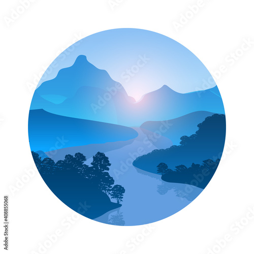 Mountains with river and forest trees landscape. Vector Illustration in round frame.