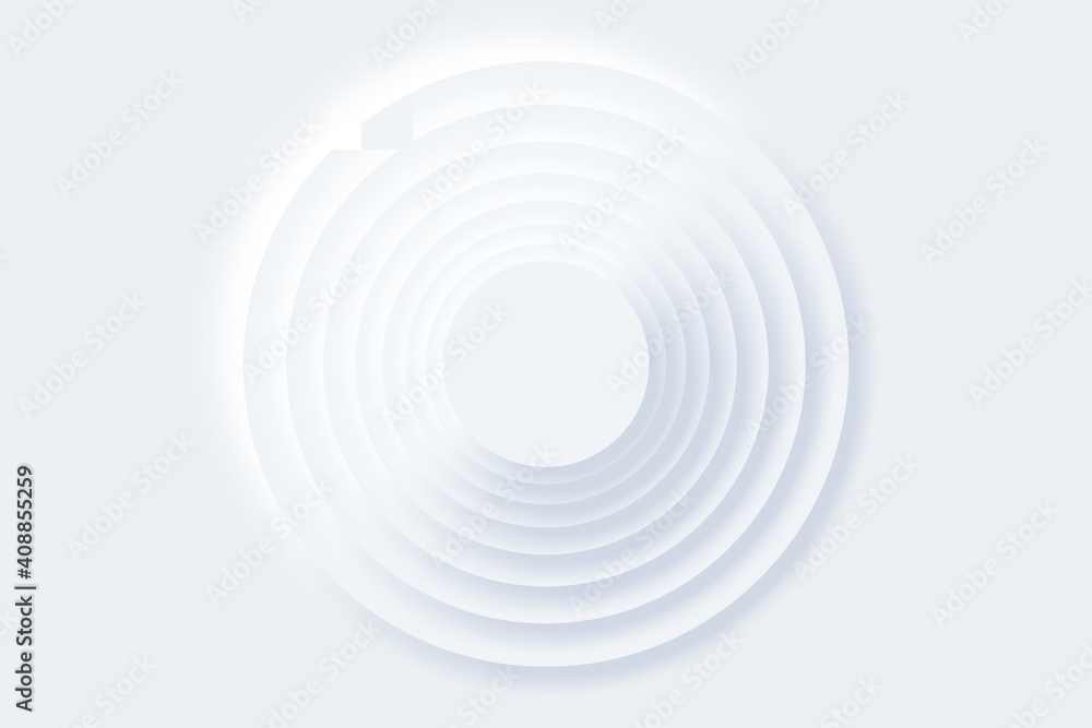 Obraz premium Top view of simple empty white circle podium stage background. Futuristic technology design. Abstract parametric interior. Blank opened 3D illustration mock-up. White building pale geometric pattern.