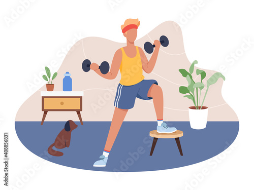 Young man working out at home. Boy doing sport indoor, Active healthy lifestyle vector. Sport exercise at home, Yoga and fitness, Home workout concept. Vector illustration in a flat style