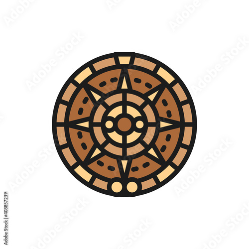 Mayan calendar, mexican ethnic ornament flat color line icon.