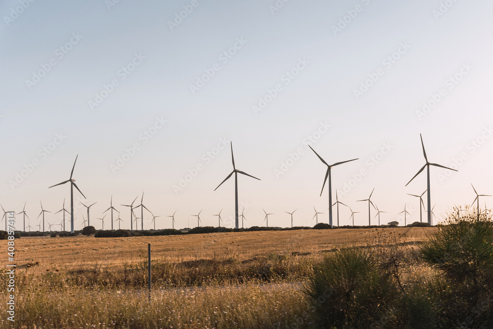 Wind turbines on beautiful sunny summer day. Wind Turbine Farm. Green ecological power energy generation