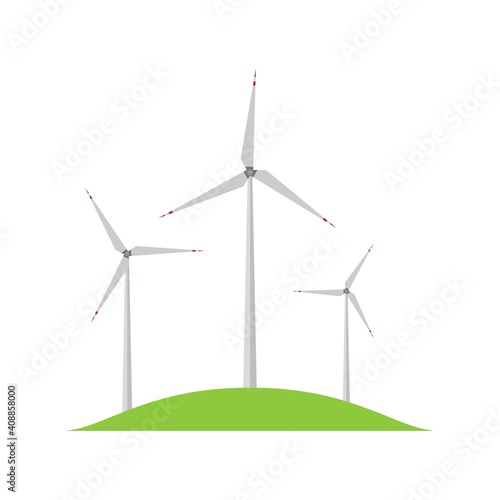 Wind turbines standing on green soil icon. Windmills symbol. Ecofriendly sign. Ecology energy industrial concept. Renewable energy sources.