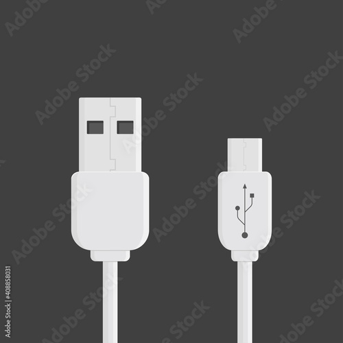 White micro usb cables. Smart phone recharge supply or PC peripherals connector. Cable mobile devices symbol.