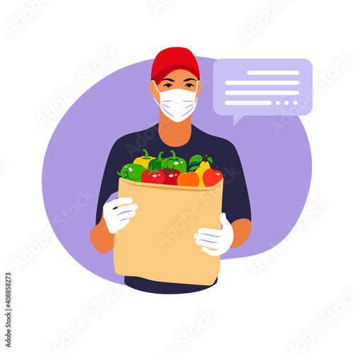Delivery of goods during the prevention of coronovirus, Covid-19. Courier in a face mask with paper bag with fruit and vegetable in his hands. Vector flat illustration.