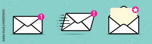 Closed envelope, open envelope and fast moving modern notified mail symbol. Envelope sign. Vector drawing. Email symbol. Letter icon. Email notification. Contact Form. Modern line art design.