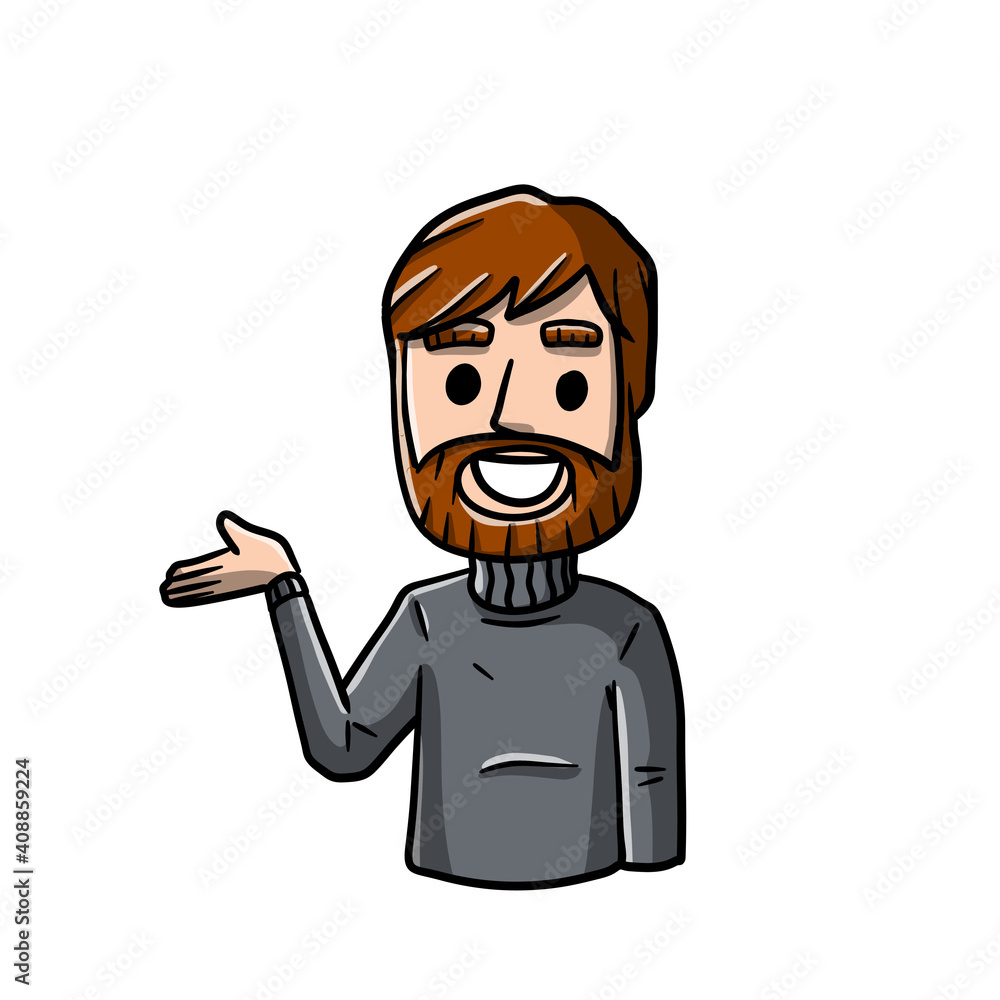 Man with Spread hands. Smiling young guy. Doubt and timidity. Hand drawn sketch cartoon. Uncertainty and shrugging. Funny illustration