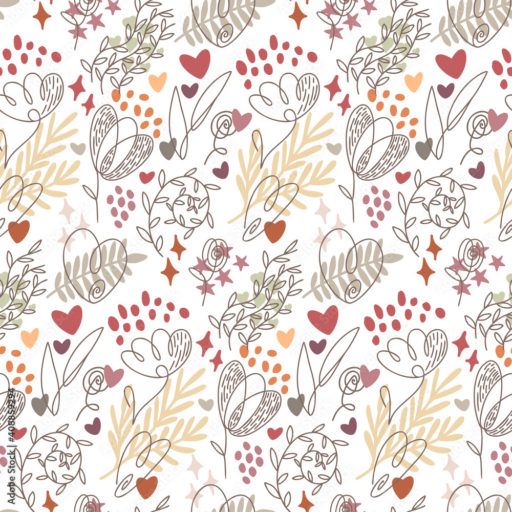 Continuous line, Abstract in one line art style with heart, flowers and leaves. Fashion concept beauty minimalist, vector seamless pattern elegant style for prints, posters, textile, cards, wrapping Continuous line, Abstract in one line art style with heart, flowers and leaves. Fashion concept beauty minimalist, vector seamless pattern elegant style for prints, posters, textile, cards, wrapping
