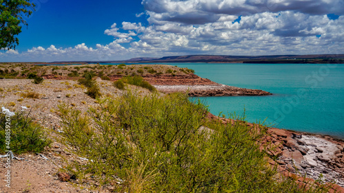  El chocon landscape  Neuquen province  Argentina. Taken on a warm summer day from the shore                               