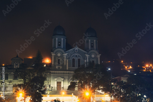 Yarumal, Antioquia, Colombia. June 6, 2018. The minor basilica of Our Lady of Mercy is a Colombian Catholic basilica in the municipality of Yarumal (at night)