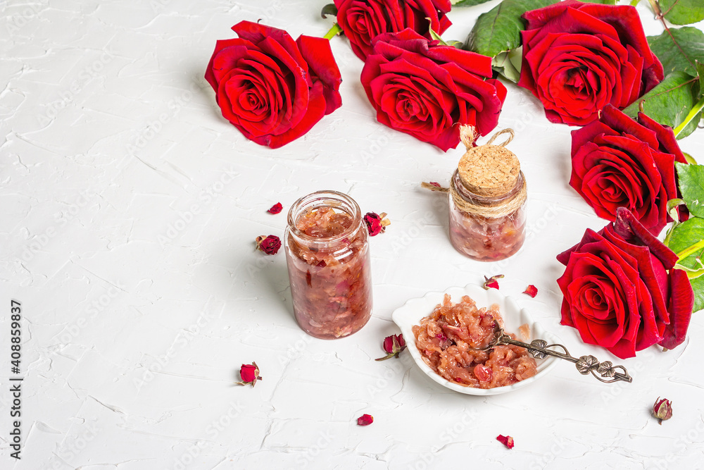 Homemade rose petals jam in bowl and glass jar Homemade rose petals jam in bowl and glass jar