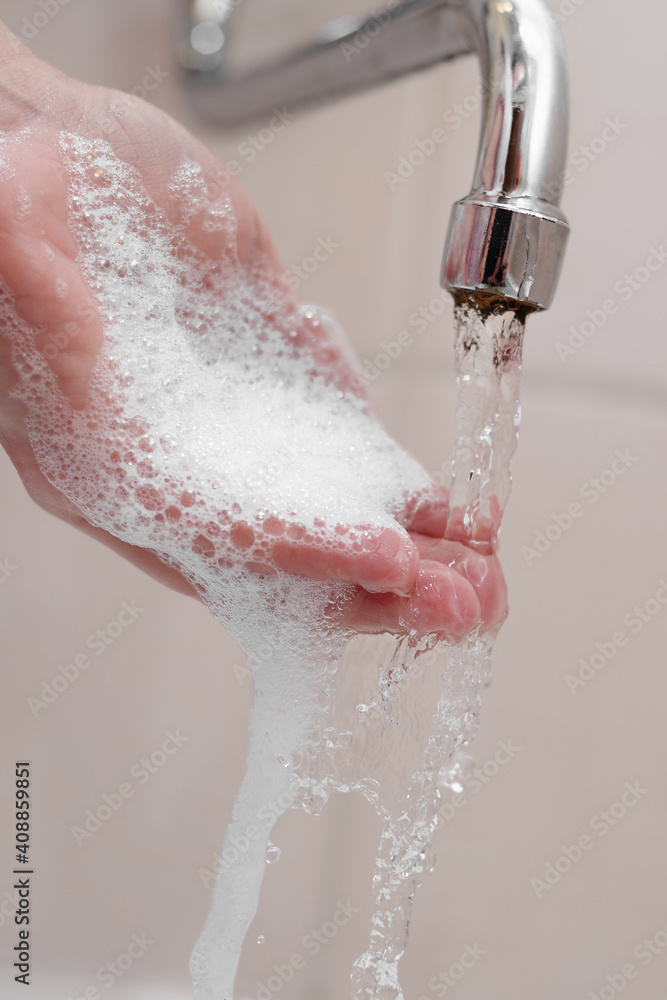 Fototapeta premium Hygiene. Cleaning Hands. Washing hands on sink.