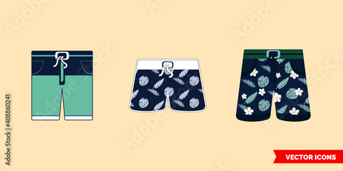 3 icons kinds of men s summer fashion shorts with tropical print. Isolated vector sign symbol.Vector illustration.