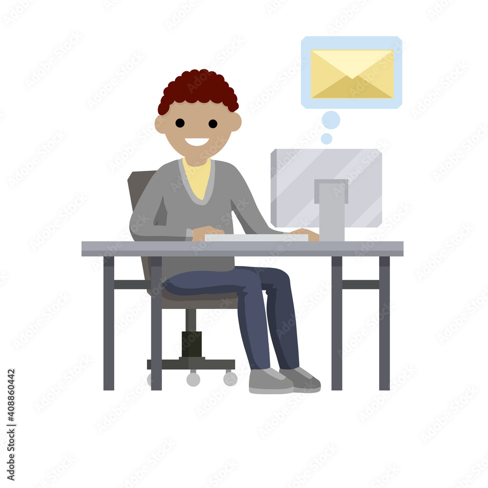 Young man sit at table with computer and receives letter. e-mail in messenger, chat with friends on Internet. Cartoon flat illustration. Work in office. postal envelope in bubble