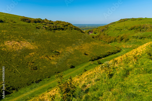 A view across the lower reaches of the longest dry valley in the UK on the South Downs near Brighton in springtime photo